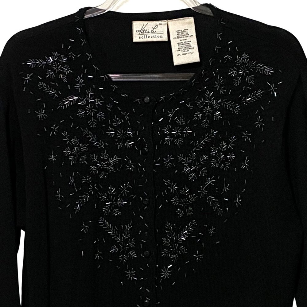 Vintage‎ Y2K Kathie Lee Beaded Cardigan L Black Holiday NYE Party Glam Snowflake